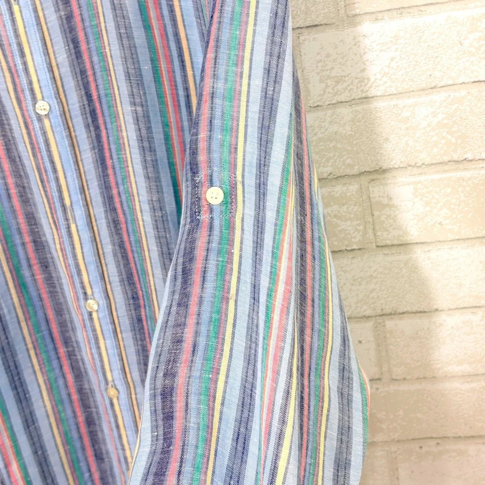 Black Brown Mens Linen Blue Striped Button Down Shirt XL Roll Tab Coastal Preppy